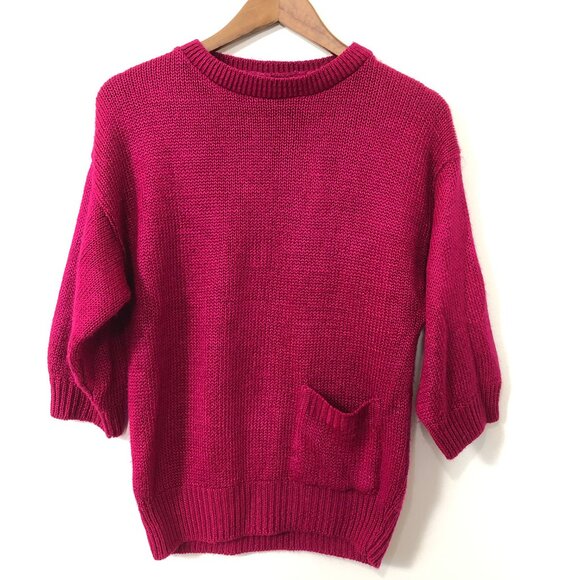 VTG 80s Garland Fuchsia Knit Sweater Tag L (Fit M) Pocket Detail Retro Fuzzy USA - Picture 6 of 11